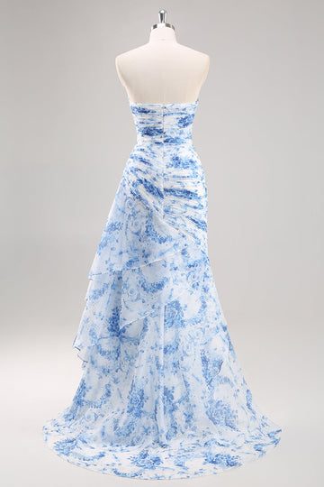 Robe de soirée florale sirène blanche et bleue
